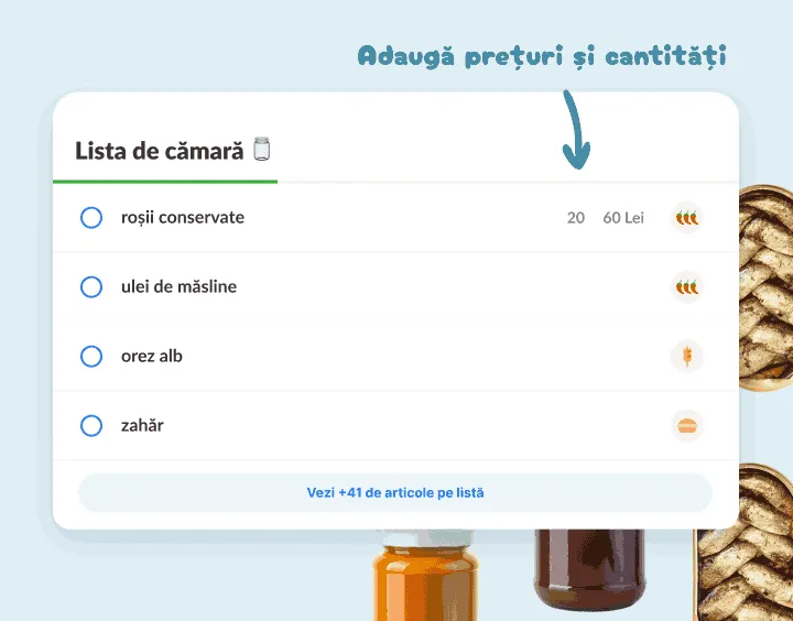 Lista de cămară: roșii conservate, ulei de măsline, orez și zahăr, unul cu preț