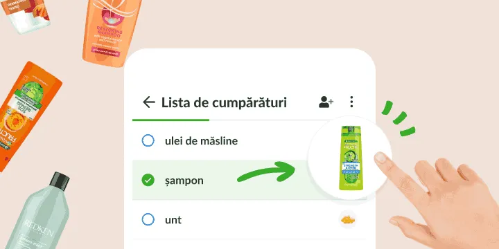 Listă de cumpărături unde șamponul bifat deschide poza exactă a sticlei