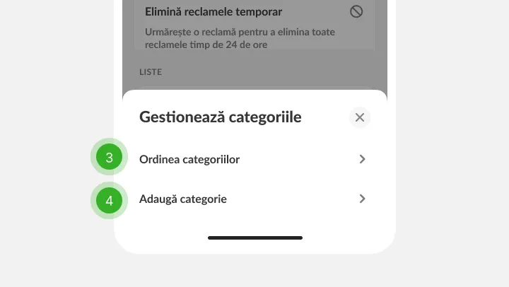 Panoul de categorii cu opțiuni de ordonare și adăugare, pașii trei și patru