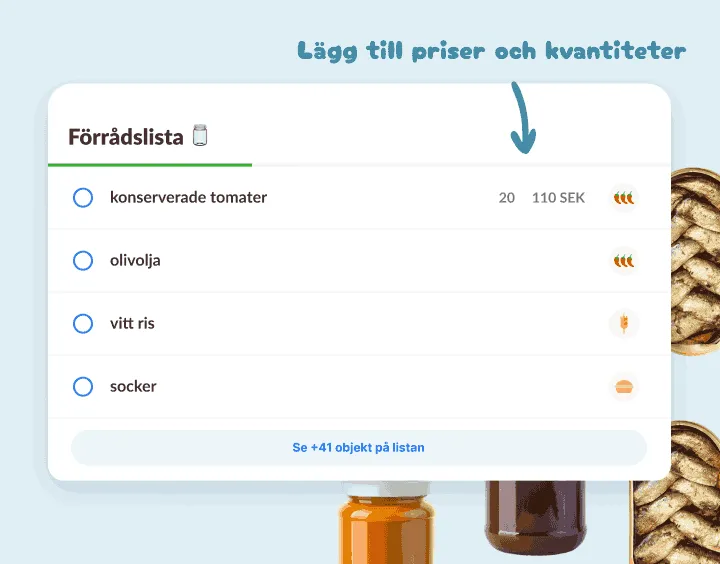 Förrådslista med konserverade tomater, olivolja, ris och socker, en med pris