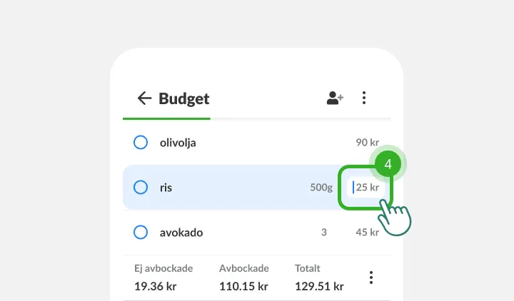 Ett finger trycker på prisfältet bredvid ris, med listans summor nedanför