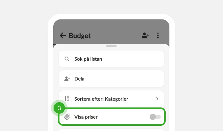 Listmeny med sök, dela och sortera och ett prisreglage som ännu är avstängt
