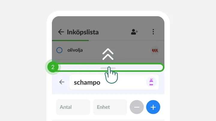 Ett finger drar upp panelen med schampots detaljer över inköpslistan