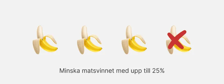 Fyra skalade bananer på rad, den sista överkryssad i rött