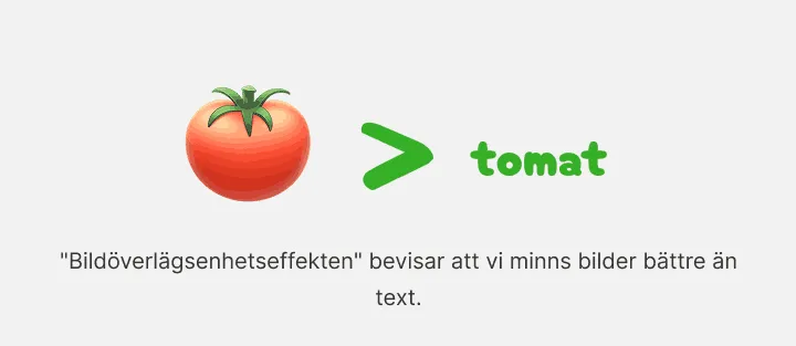 En bild av en tomat visas som större än det utskrivna ordet tomat