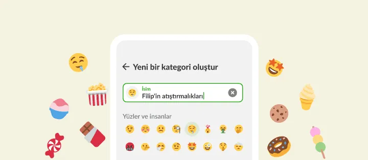 Özel atıştırmalık adı ve emoji seçicili yeni kategori ekranı, etrafta tatlılar