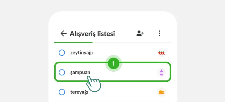 Parmak, listede zeytinyağı ile tereyağı arasındaki şampuana dokunuyor