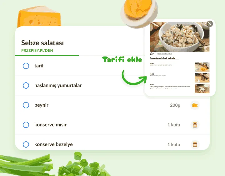 Yumurta, peynir, mısır ve bezelyeli salata listesi, ekli tarif önizlemesi