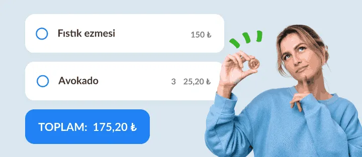 Madeni paralı düşünceli kadın, yanında fiyatlı iki liste öğesi ve toplamları
