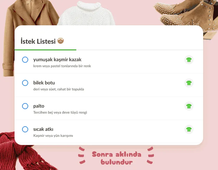 Kazak, bot, palto ve atkıdan oluşan istek listesi, her birinde bir not