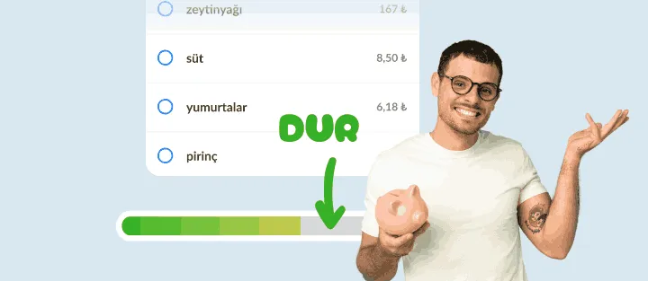 Kumbaralı gülümseyen adam, yanında liste ve neredeyse dolu harcama çubuğu