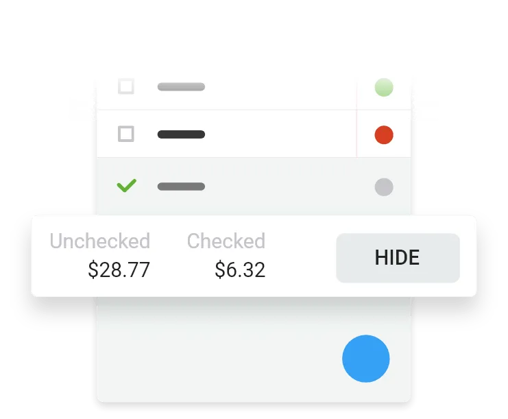 List summary card with totals for unchecked and checked items and a hide button