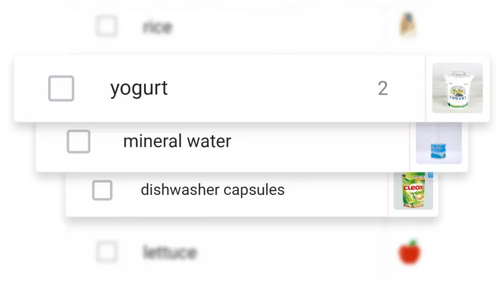 List items with product photos: yogurts, mineral water and dishwasher capsules