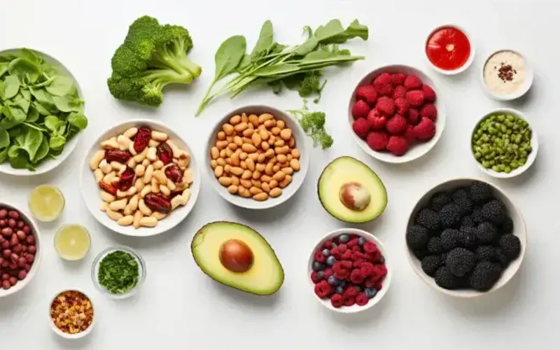 Overhead shot of small bowls of dishes for the 7-day vegan weight-loss meal plan