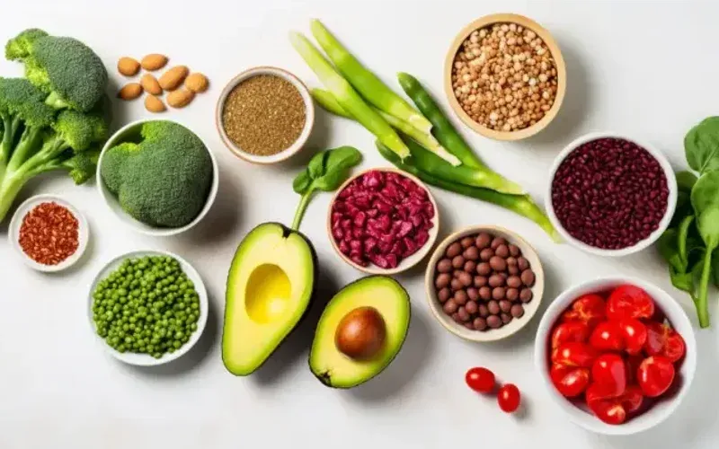 Overhead shot of small bowls of dishes for the 7-day vegan meal plan