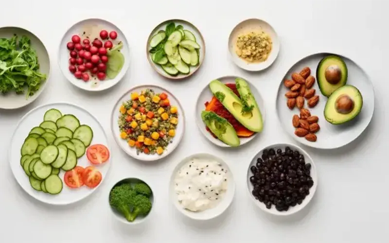Overhead shot of small bowls of dishes for the 7-day vegetarian meal plan