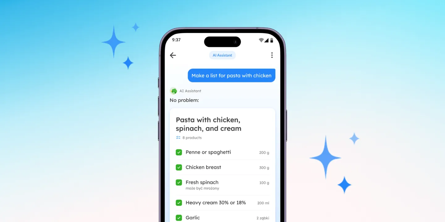 The Listonic AI assistant turning a prompt into a list for pasta with chicken