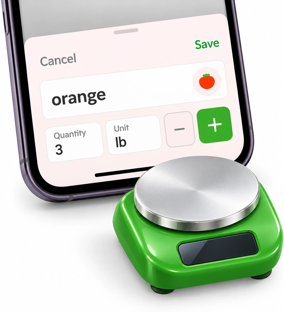 Listonic quantity editor beside a green kitchen scale