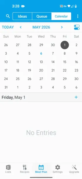 AnyList’s Meal Plan Calendar for May 2026 with May 1 selected and no entries