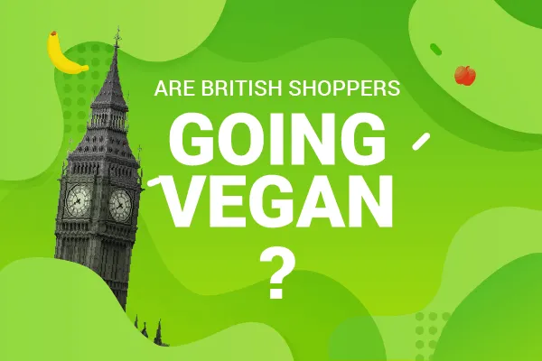Title card reading “Are British Shoppers Going Vegan?” with Big Ben and fruit