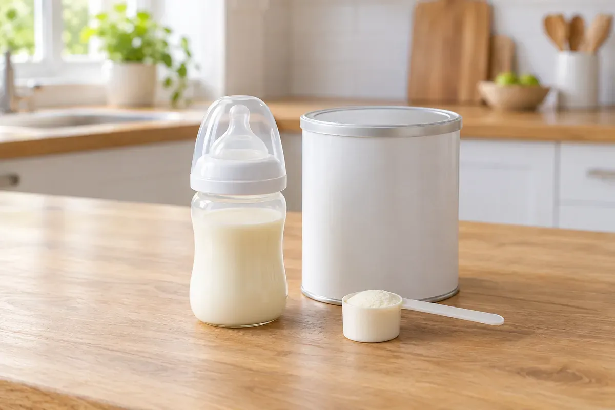 A baby bottle of formula and a scoop beside an unlabeled formula can