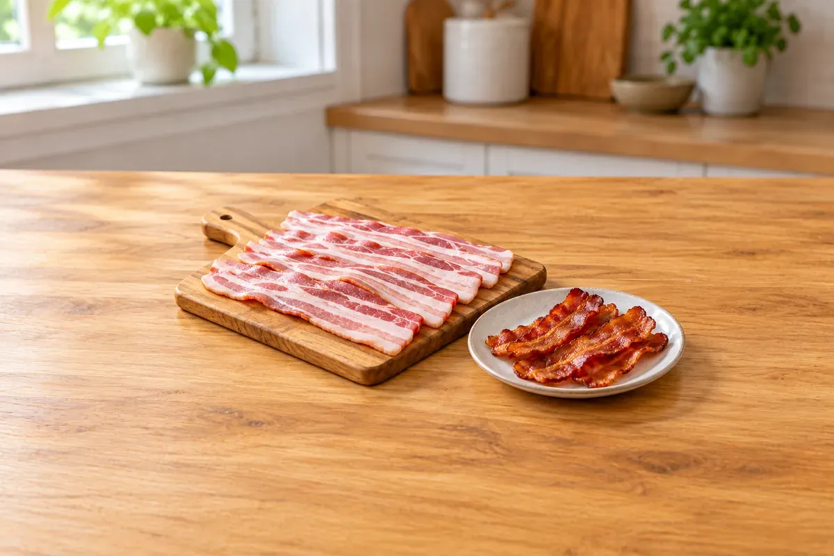 Raw bacon strips on a wooden board beside a plate of crispy cooked bacon