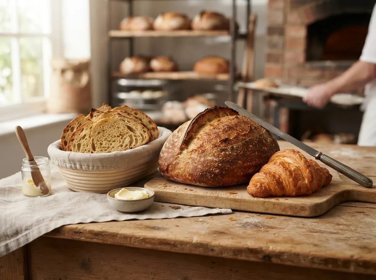 A sourdough loaf, sliced bread and a croissant on a bakery table
