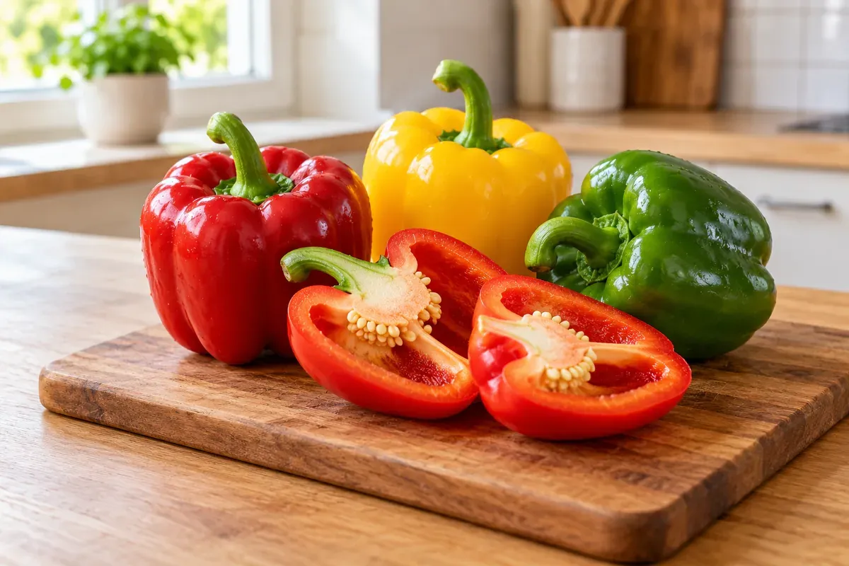 Red, yellow, and green bell peppers on a board, one cut open