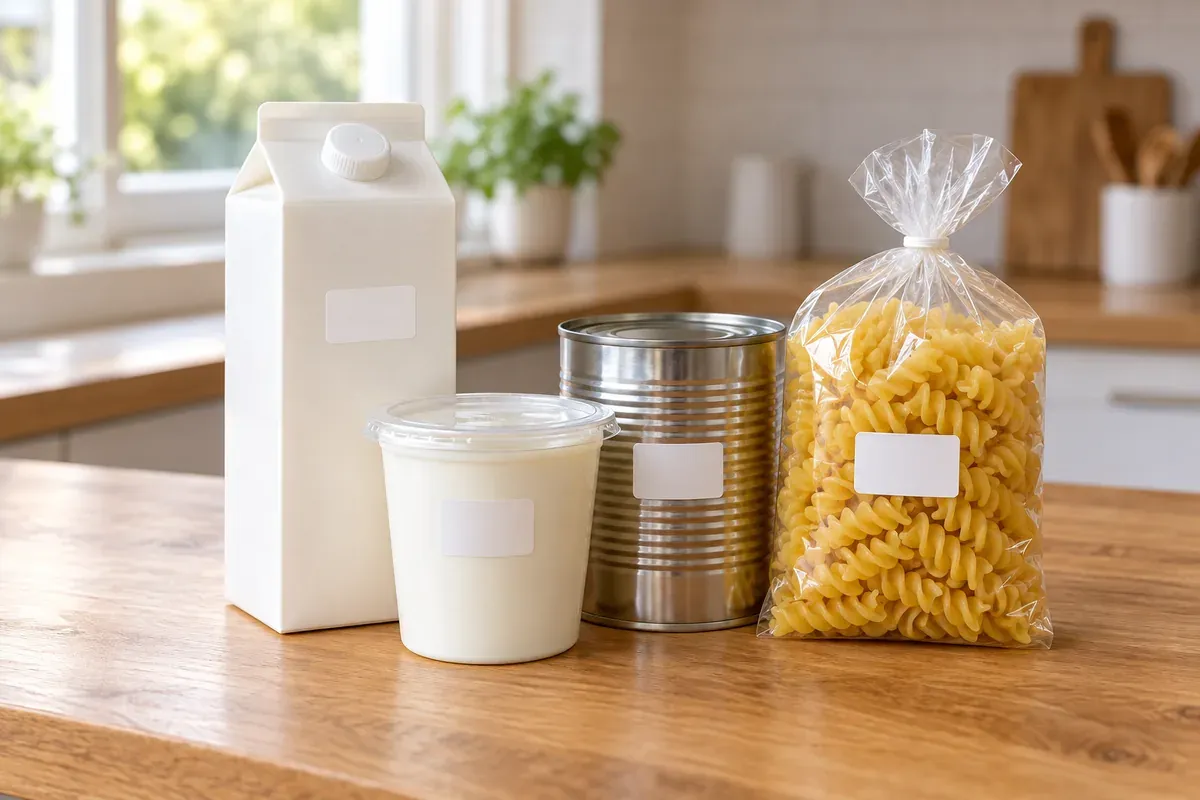 A milk carton, yogurt cup, can, and bag of pasta with blank date labels