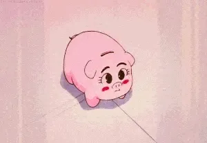 A small cartoon pig being tugged along on a string