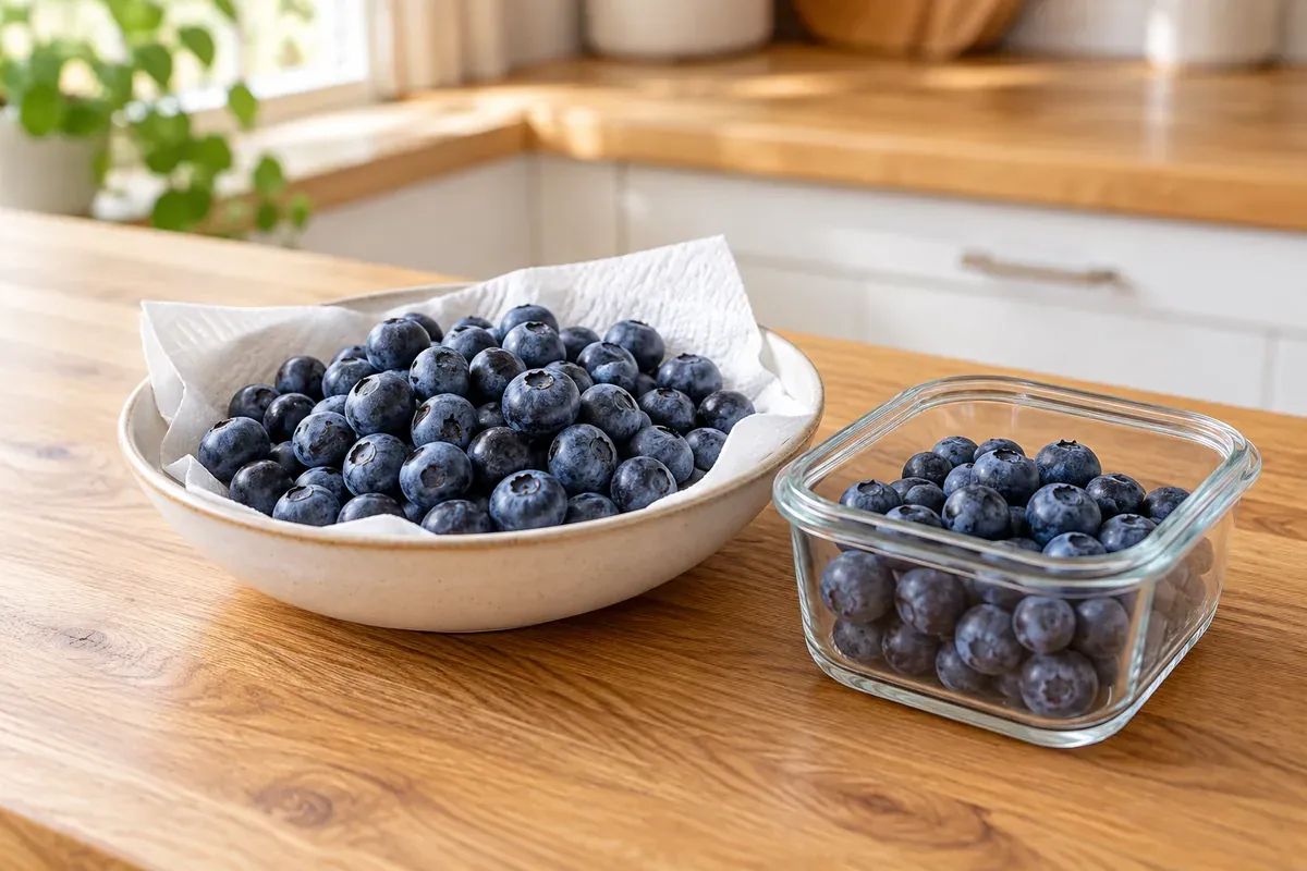 Blueberries in a paper-lined bowl beside a glass container of blueberries