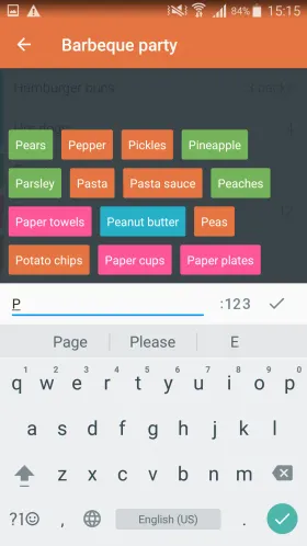 Buy Me a Pie!’s color-tagged autocomplete suggestions after typing “P”