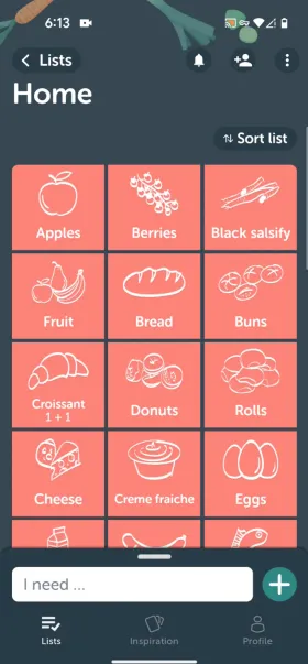 Bring!’s Home screen with a grid of hand-drawn icon tiles for grocery items
