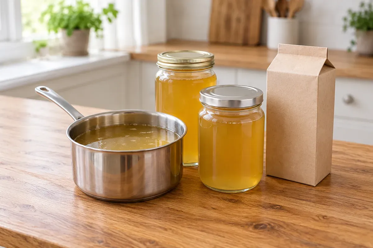 A pot of chicken broth beside glass jars of broth and an unlabeled carton