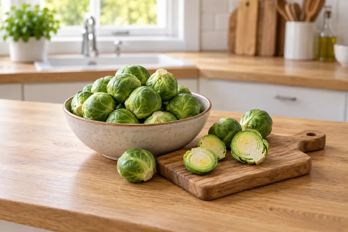 Brussels sprouts in a bowl and a few halved sprouts on a board