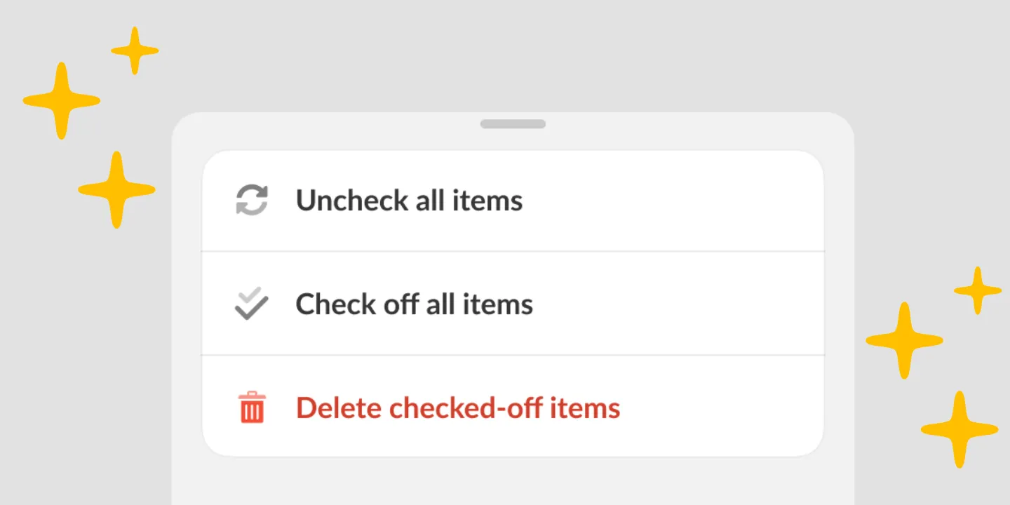A Listonic list menu with options to check off, uncheck and delete items