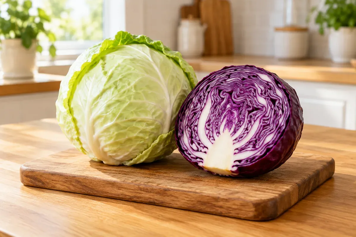 A head of green cabbage and a halved red cabbage on a wooden board