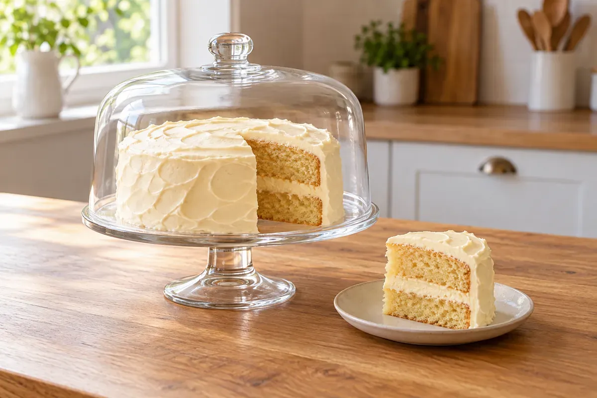 A frosted layer cake under a glass dome beside a slice on a plate