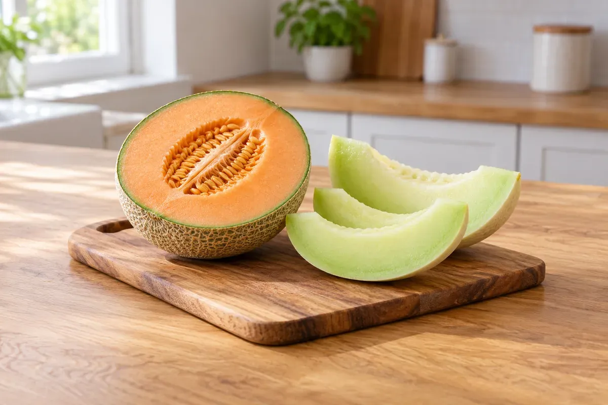 A halved cantaloupe and slices of honeydew melon on a board