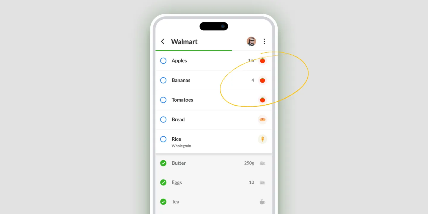 A Listonic list for Walmart, unchecked products above and completed ones below