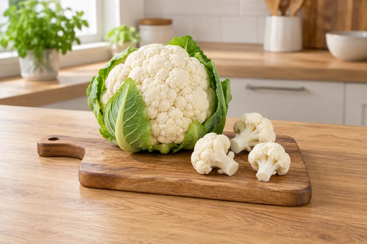 A whole head of cauliflower and a few florets on a board