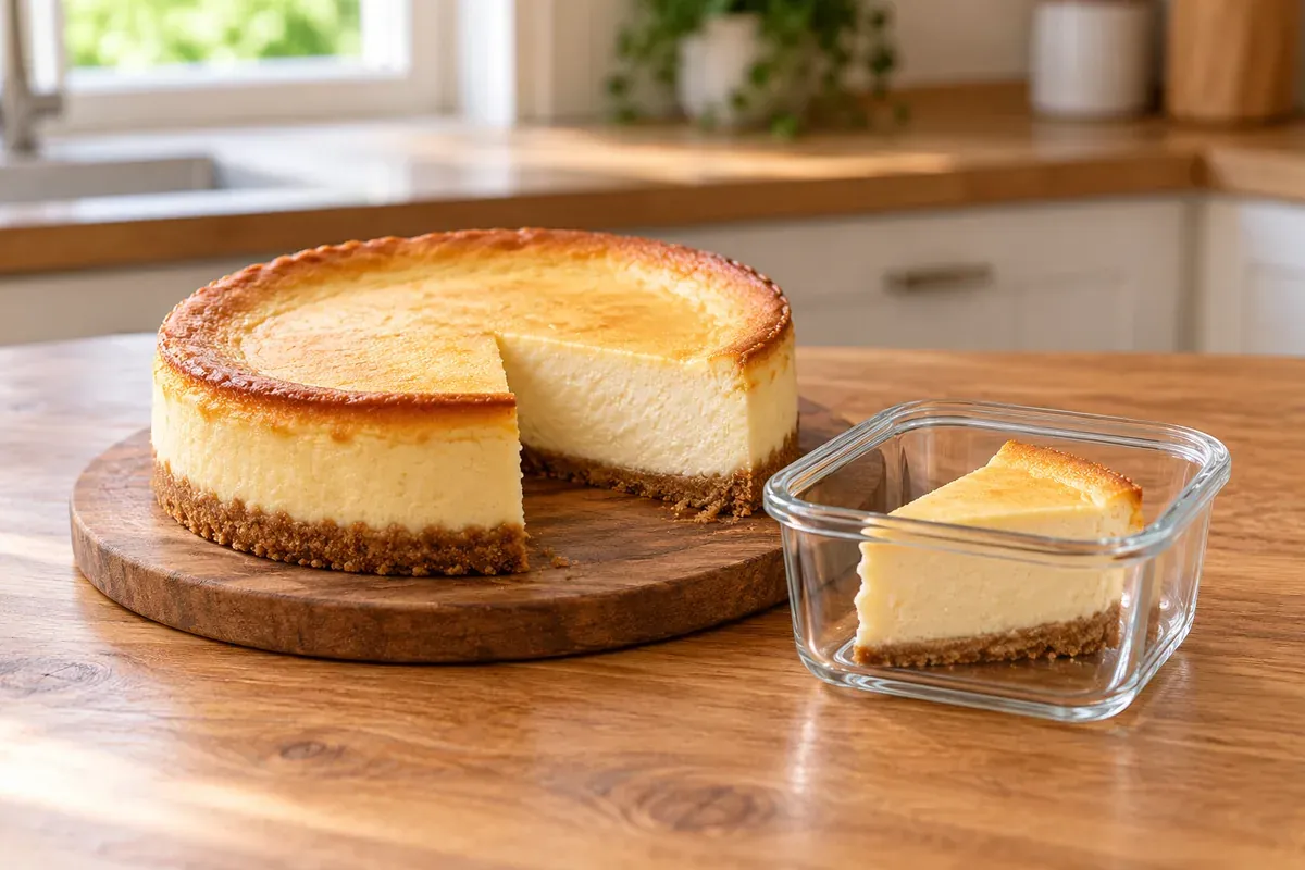A cheesecake with one slice cut out beside a slice in a glass container
