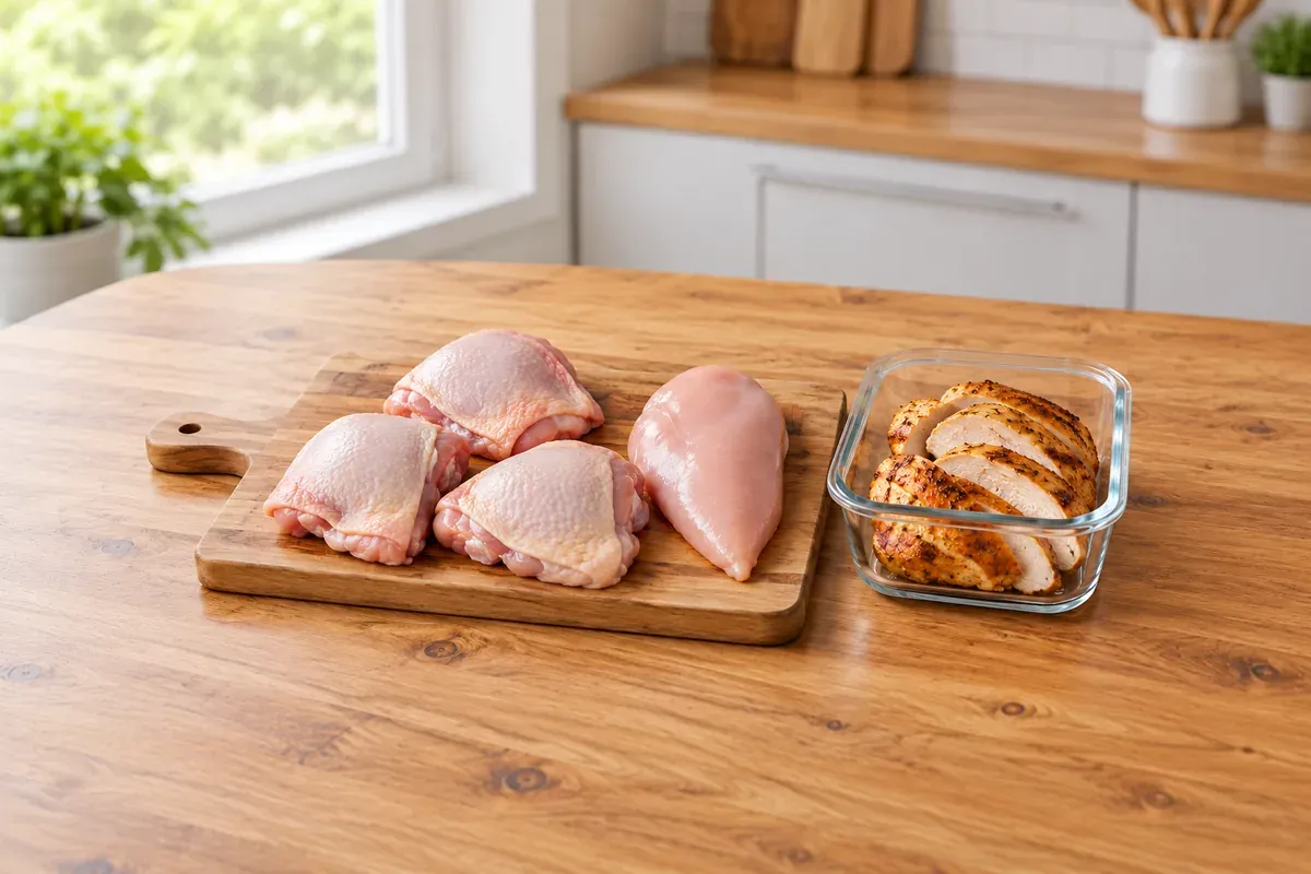Raw chicken thighs and breast on a board beside sliced roast chicken