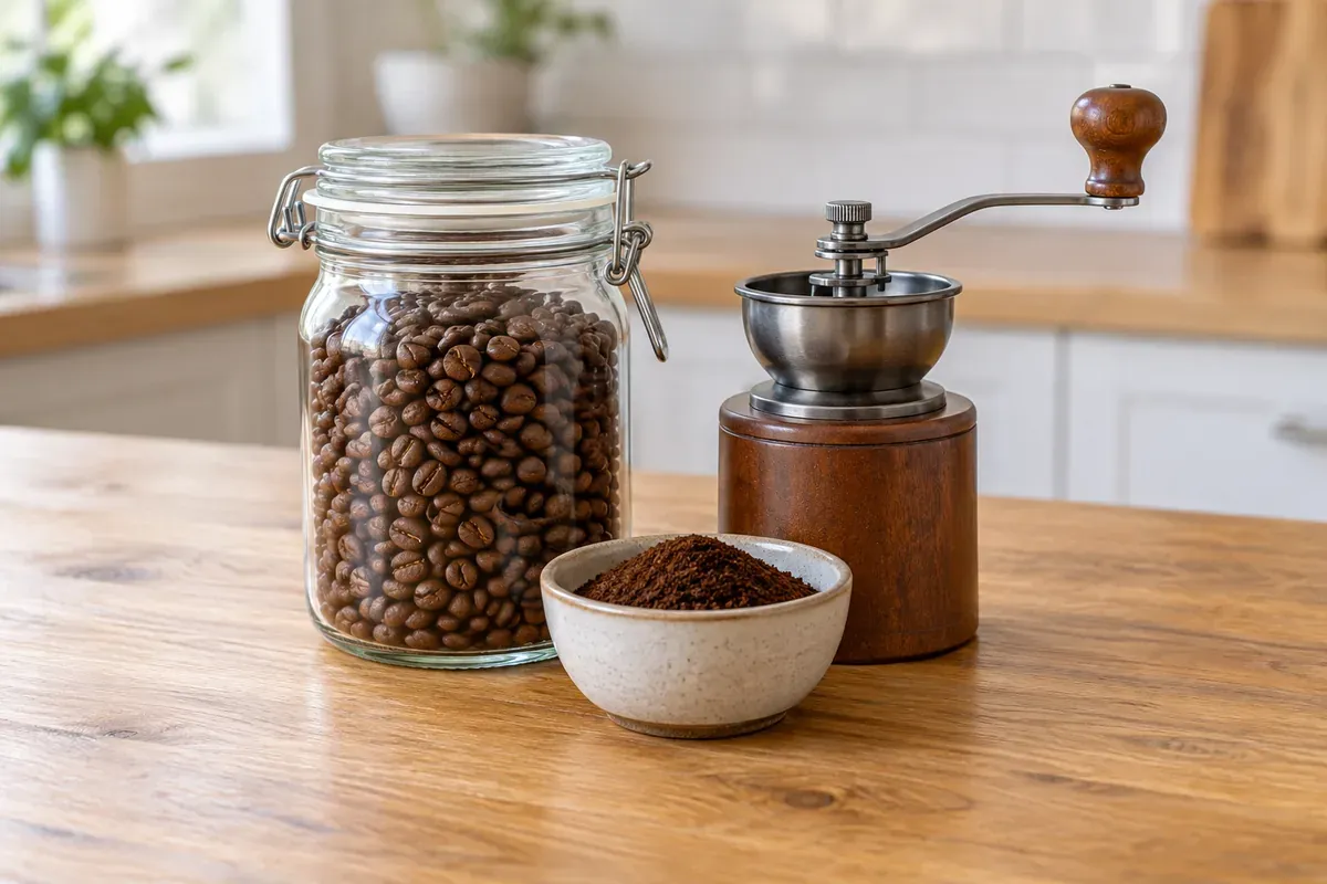 A sealed jar of coffee beans beside a bowl of ground coffee and a hand grinder