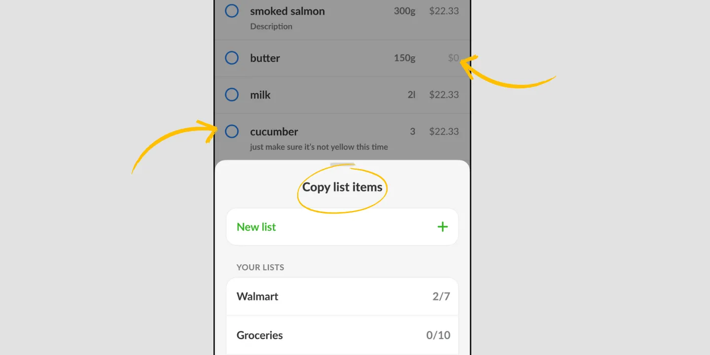 The Copy list items sheet in Listonic, offering a new or existing list