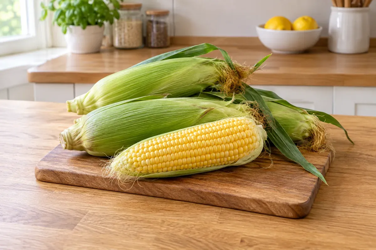 Ears of corn in their husks and one shucked ear on a wooden board