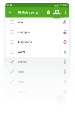 A party list with rice, shampoo, tulip seeds and water, plus two checked items