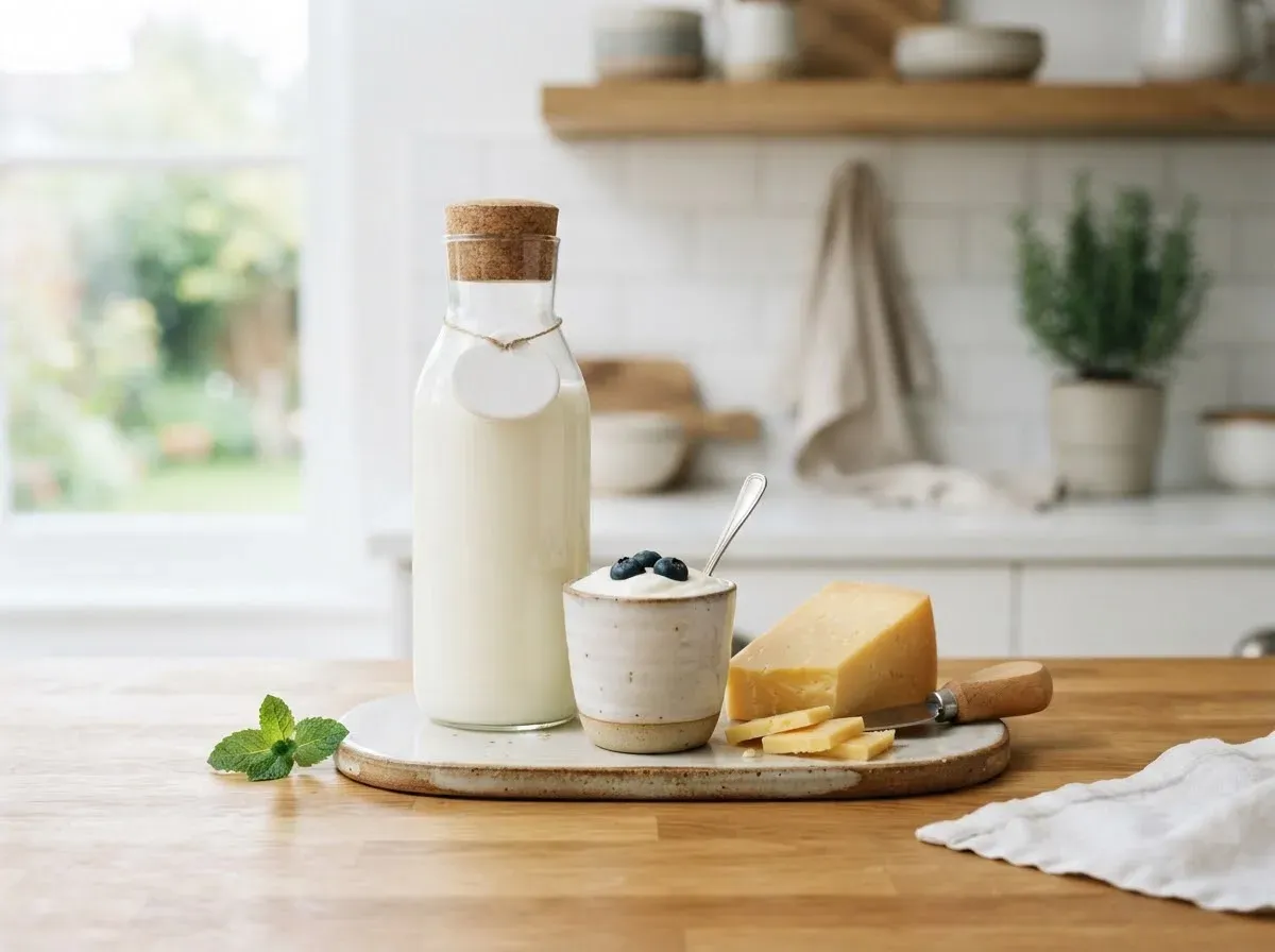 A bottle of milk, a yogurt and a piece of cheese on a kitchen counter