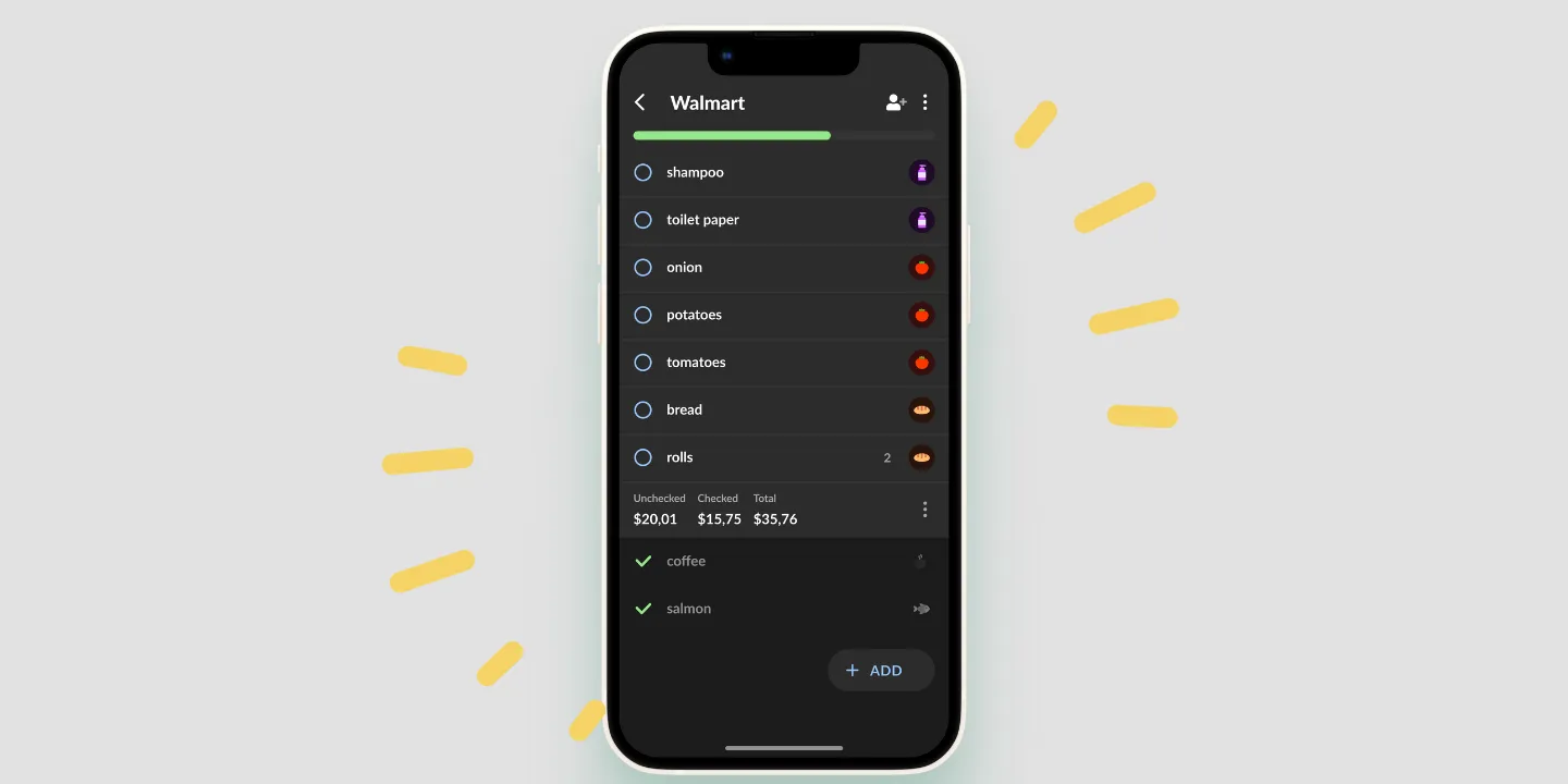 A Listonic shopping list in dark mode, with costs at the foot of the list