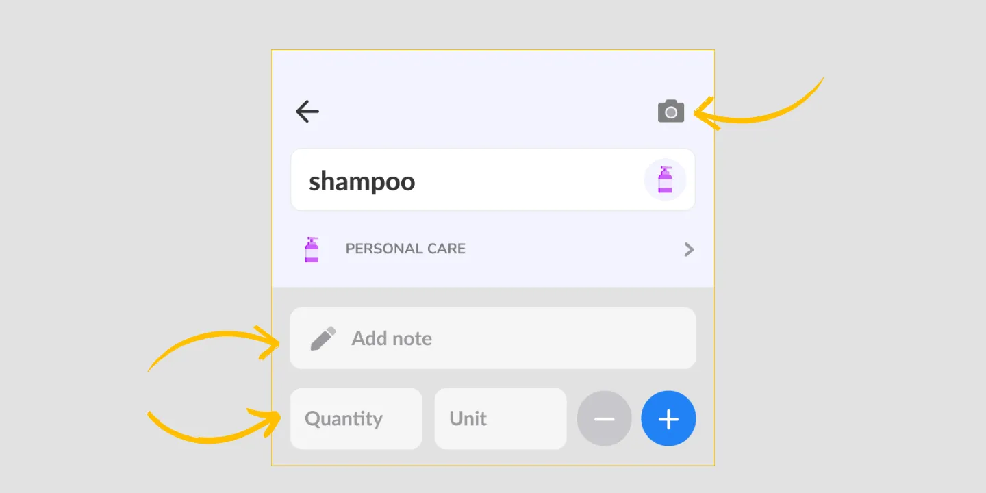 A Listonic item screen for shampoo, with its category and a note field